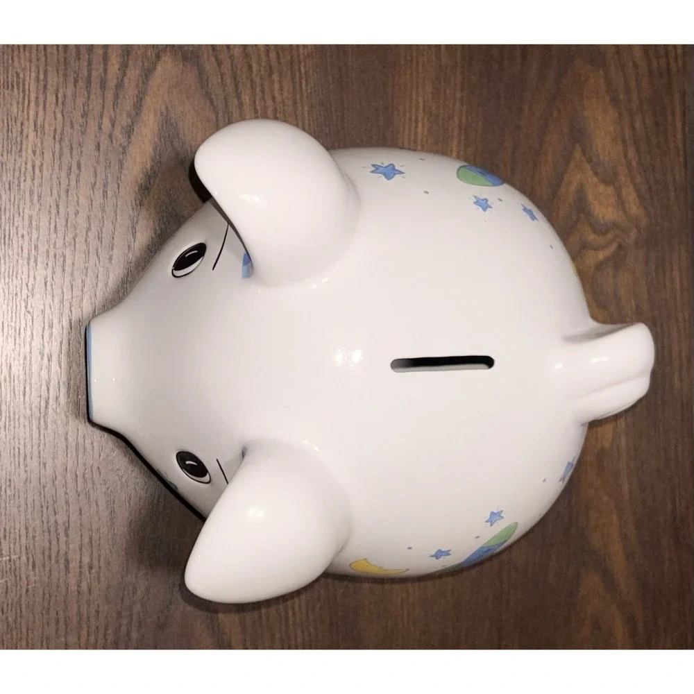 Ceramic Piggy Bank Moons Stars  (Child to Cherish) Blue Plaid Baby Boy Nursery